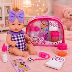 Boneca Bebe Reborn Vinil 31cm + Kit Acessórios Bolsa Rosa Brinquedo Mamadeira Fralda Chupeta Adesivo