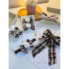 Laço xadrez veludo preto e marrom menina luxo| par presilha inverno bebê com aplicação de pérola elegante