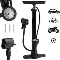 Bomba De Ar Manual 60cm com Manômetro 160psi para Pneus Carros e Bola + 3 Bicos Adaptadores
