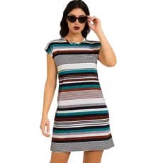 Vestido Listrado Soltinho Curto Malha Crepe Manga Curta Feminino M G GG