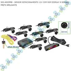 SENSOR ESTACIONAMENTO 12V COM SOM DISPLAY 8 SENSOR PRETO BRILHANTE