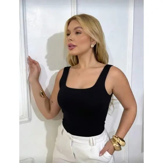 Blusa Regata Feminina Decote Quadrado Alça Gorossa Em Suplex Liso Lançamento Moda Blogueirinha Verão