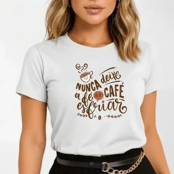 Camiseta Feminina Nunca Deixe o Café Esfriar Estampada Frase Café Algodão Premium