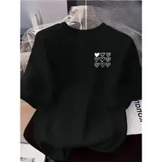Camiseta Feminina Preta T-shirt Blusinha Estilosa Blusa Malha Algodão Corações Minimalista Cute