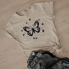 Camisa T-shirt Feminina Borboleta Camiseta Estilosa 100% Algodão Tendencia Casual Treino Academia