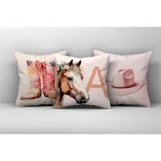 Kit 3 Capas de Almofada Cavalo Rosa Boiadeira com Inicial do Nome