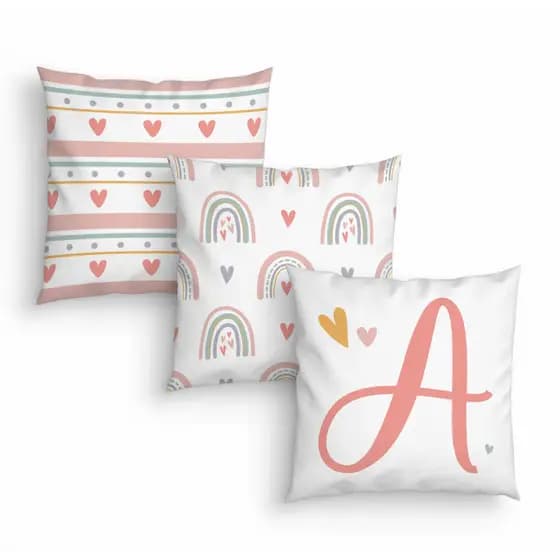 Kit 3 Capas de Almofada Infantil Menina Arco Iris Boho com Inicial Letra