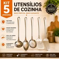 Kit Jogo Utensílios Cozinha 5 Peças Aço Inox Concha Espátula Colher Escumadeira  Resistente