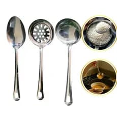 Kit 3 Peças Utensílios Cozinha Inox Colher Concha Escumadeira Cabo Longo Caldos Resistente