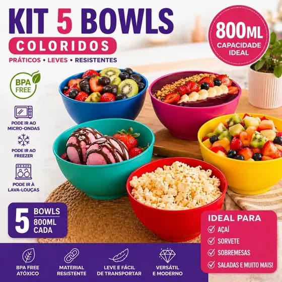 Kit 5 Bowls 800ml Tigelas Cumbucas Coloridas BPA Free Açaí Sorvete Sobremesa