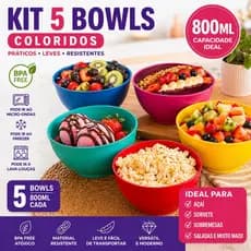 Kit 5 Bowls 800ml Tigelas Cumbucas Coloridas BPA Free Açaí Sorvete Sobremesa