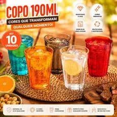 Kit 10 Copos Plásticos 190ml Reutilizáveis Coloridos  Resistentes Festa Churrasco 15 anos Bar Boteco Drinks BPA Free