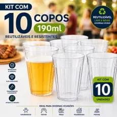 Kit 10 Copos Plásticos 190ml Reutilizáveis Transparentes Resistentes Festa Churrasco 15 anos Bar Boteco Drinks BPA Free