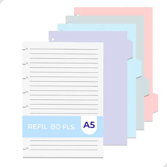 Kit 4 Divisórias A5 Coloridas + Refil 80 Folhas 8 Discos Caderno Inteligente Material Escolar