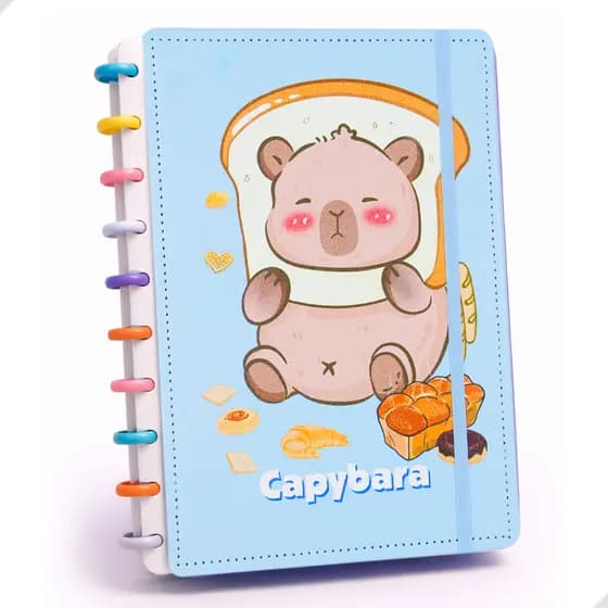 Caderno Inteligente Capivara Médio 10 Discos Coloridos B5 e Elástico 80 Folhas Capa Dura Escolar