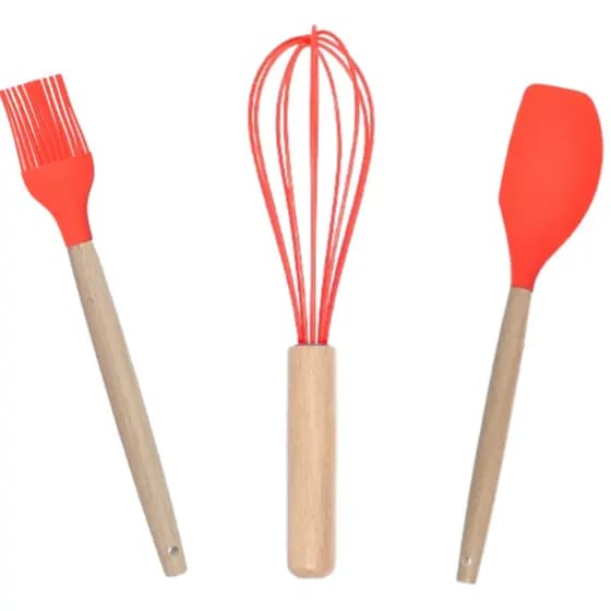 Kit 3 Peças Espátula Pincel Fue em Silicone Cabo Bambu 32cm