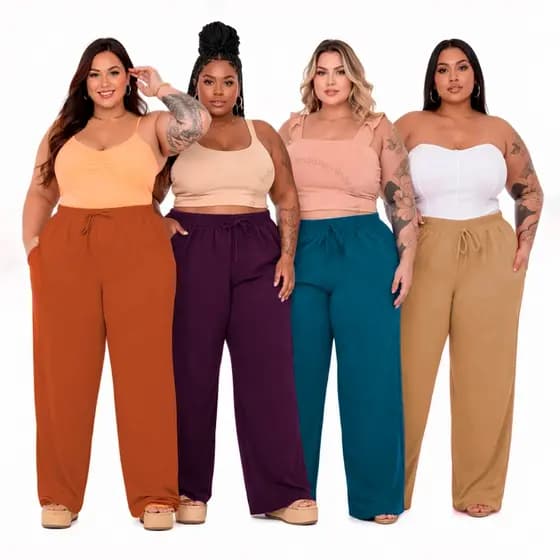 Calça Pantalona Plus Size Feminina Duna Elástico Cintura Confortável Costura Reforçada Elegante