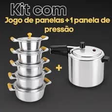 Promoção Jogo de Panelas 5 Caçarolas Alumínio Batido e Fundido Panela Minas Asa de Madeira + Panela de Pressão 4,5
