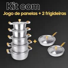 Jogo de Panelas Alumínio Batido Fundido + 2 Frigideiras Grossas com Pegadores De Madeira/LINHA PREMIUM