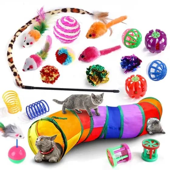 Kit 21 Brinquedos Interativos Para Gato Com Varinha Diversão + Tunel