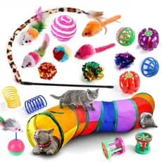 Kit 21 Brinquedos Interativos Para Gato Com Varinha Diversão + Tunel