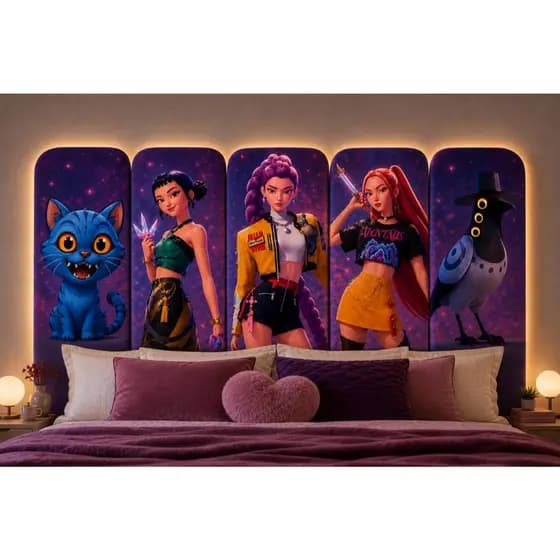 Cabeceira de Cama Menina K-Pop Guerreiras Quarto + Fita de Fixação Auto Colante