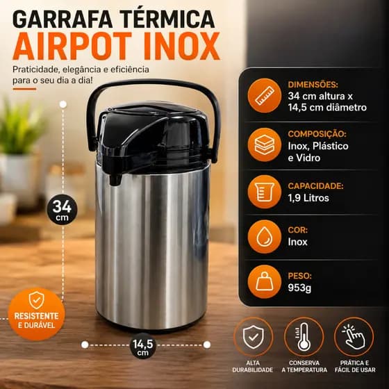 Garrafa Termica Inox Capacidade 1,9 Litros Conservacao Temperatura Alta Qualidade Duravel