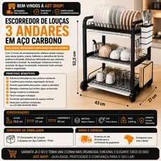 Escorredor Loucas 3 Andares Metal Preto Resistente Organizador Pia Cozinha Espaçoso