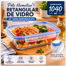 Pote Hermético Vidro Borossilicato Retangular 1040ml Tampa Vedação Segura Design Prático