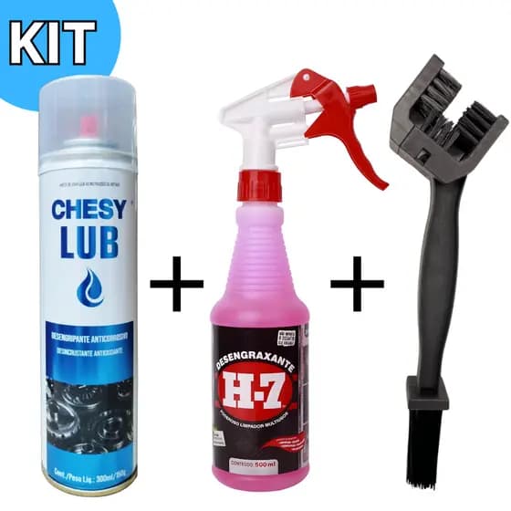 Kit Completo Limpeza Escova Corrente 2 em 1 + Desengraxante H7 500ml + Desengripante Anticorrosivo Conservador Moto Bike