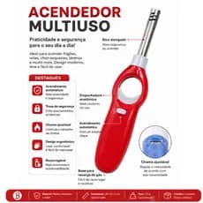 Acendedor de Fogão a Gás Recarregável Multiuso 18cm Automático com Trava de Segurança e Chama Ajustável