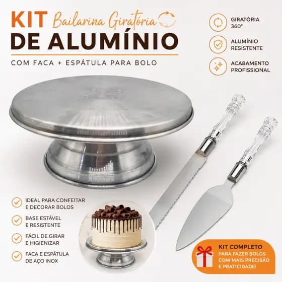 Kit Confeitaria Bailarina Giratória Alumínio Para Bolo + Conjunto Faca e Espátula Para Bolo em Aço Inox