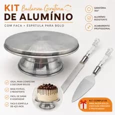 Kit Confeitaria Bailarina Giratória Alumínio Para Bolo + Conjunto Faca e Espátula Para Bolo em Aço Inox