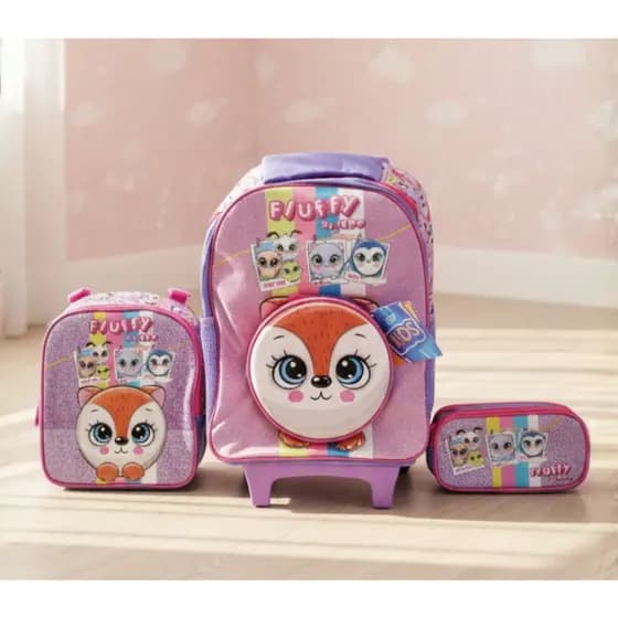 Mochila de Rodinha Infantil Escolar Kit c/ Estojo e Lancheira p/ Menino e Menina