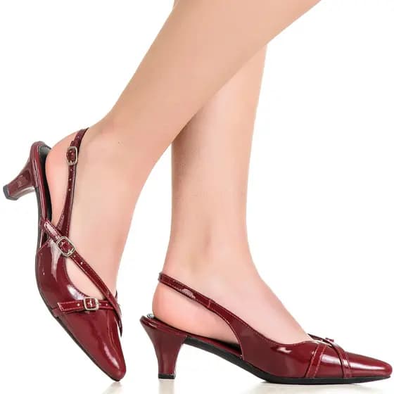Sapato Feminino Scarpin Social Slingback Bico Fino Salto Fino Baixo Fivelas Verniz Confortável GiGiL