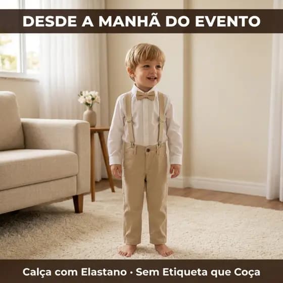 Conjunto Pajem Menino Algodão Camisa Calça Suspensório Gravata Borboleta casamento Batizado 1 ao 16