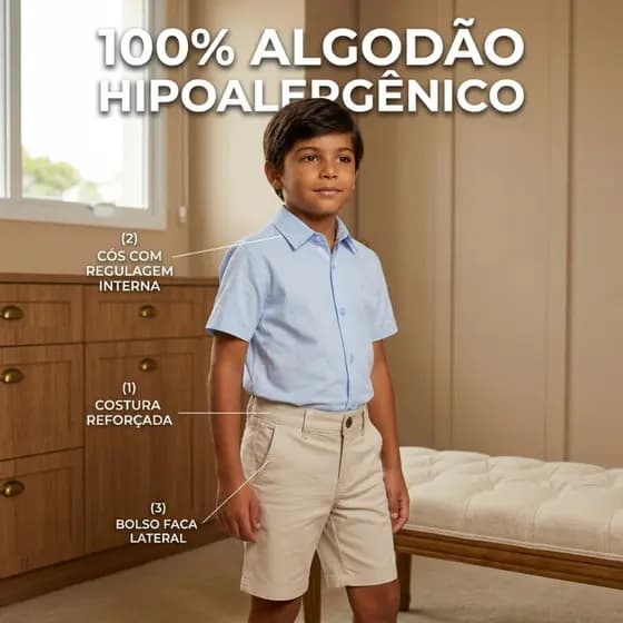 Bermuda Social Menino Passeio Sarja Pajem Festa Casamento Batizado Infantil 100% Algodão Bolso Faca