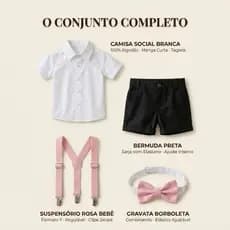 Conjunto Social Menino Festa Aniversário Casamento Pajem 4 Peças Camisa Bermuda Suspensório Gravata