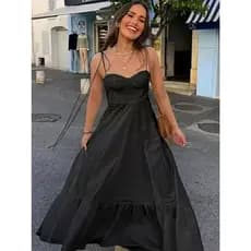 REF:4144-M   Vestido feminino de cor sólida, vestido com alças ajustáveis, vestido longo