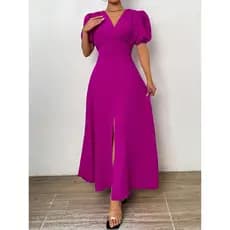 REF: 4071 Vestido Longo Feminino, Manga Curta, Manga Bufante, Elegante, Sofisticado, Social, Casual