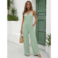 REF：Y535 - Macacão feminino de cor sólida com suspensórios amarrados e bolsos