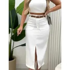 Saia Midi de Alfaiataria Com Cinto Moda feminina Elegante Tecido premium