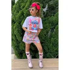 Conjunto de Menina verão  tendência stich 4 6 conjunto infantil bloguerinha blusa e short saia.