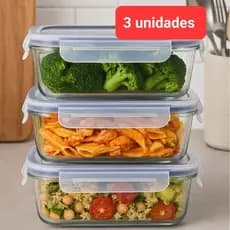 kit com 3 Potes de Vidro Marmita Retangular Tampa  Hermética 370ml Marmita Fitness.