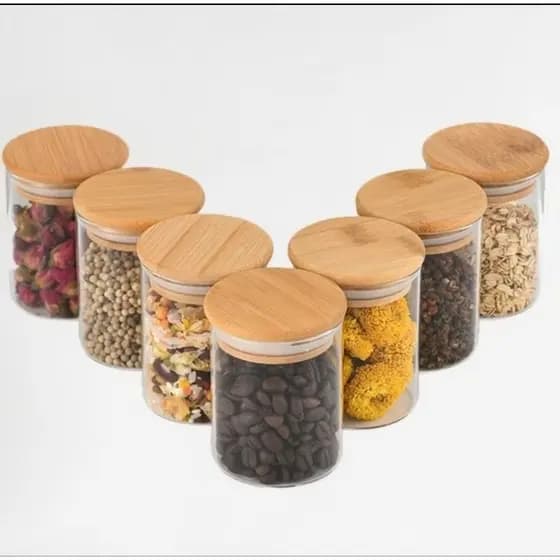 Kit com 2 ou 4 Potes de Vidro  300 ml com Tampa de Bambu Hermética Potes para Temperos e Condimentos