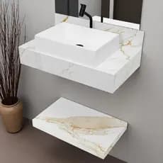 Kit Completo Bancada Cuba Sobreposta Banheiro Calacata Premium em Porcelanato