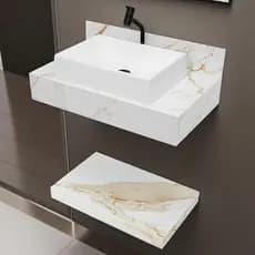Kit Completo Bancada Cuba Sobreposta Banheiro Calacata Premium em Porcelanato