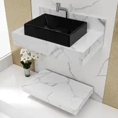 Kit Bancada em Porcelanato Carrara com Cuba Sobreposta Torneira Prateleira de Baixo para Banheiro 62x36x11