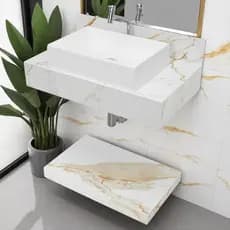 Kit Completo Bancada Cuba Sobreposta Torneira Banheiro Calacata Premium em Porcelanato