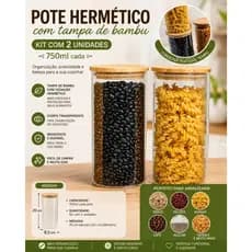 Pote de Vidro com Tampa de Bambu Hermético 750ml Kit com 2 unidades